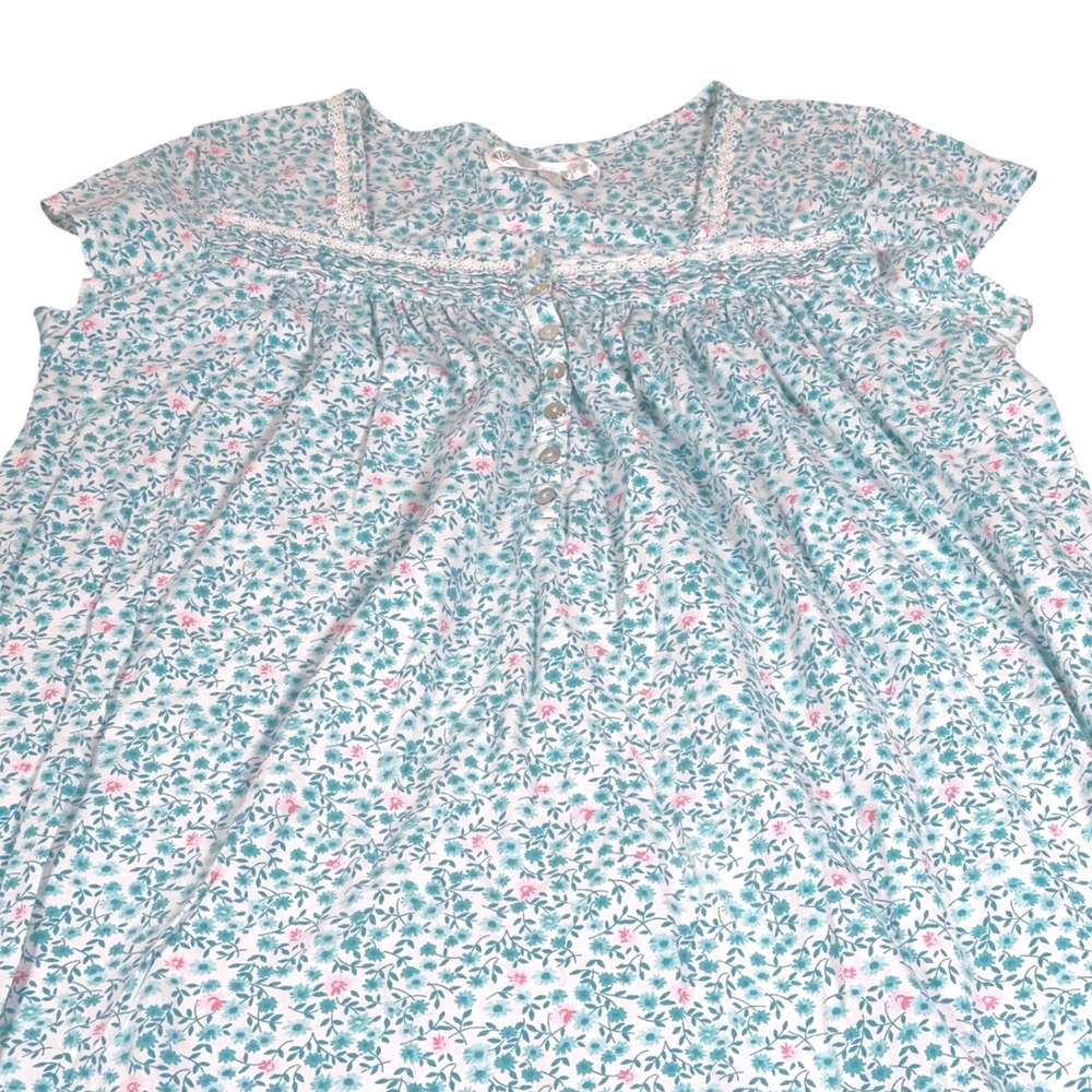 Eileen West Womens Blue Floral Cotton Lace Trim Button Front Nightgown Medium